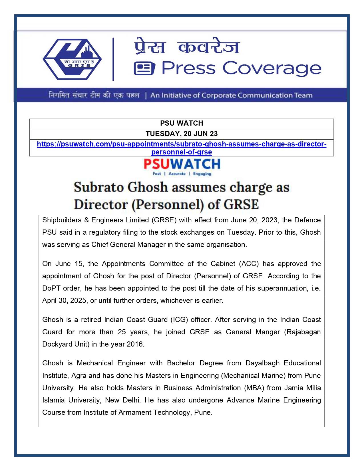 Subrato Ghosh assumes charge as Director (Personnel) of GRSE